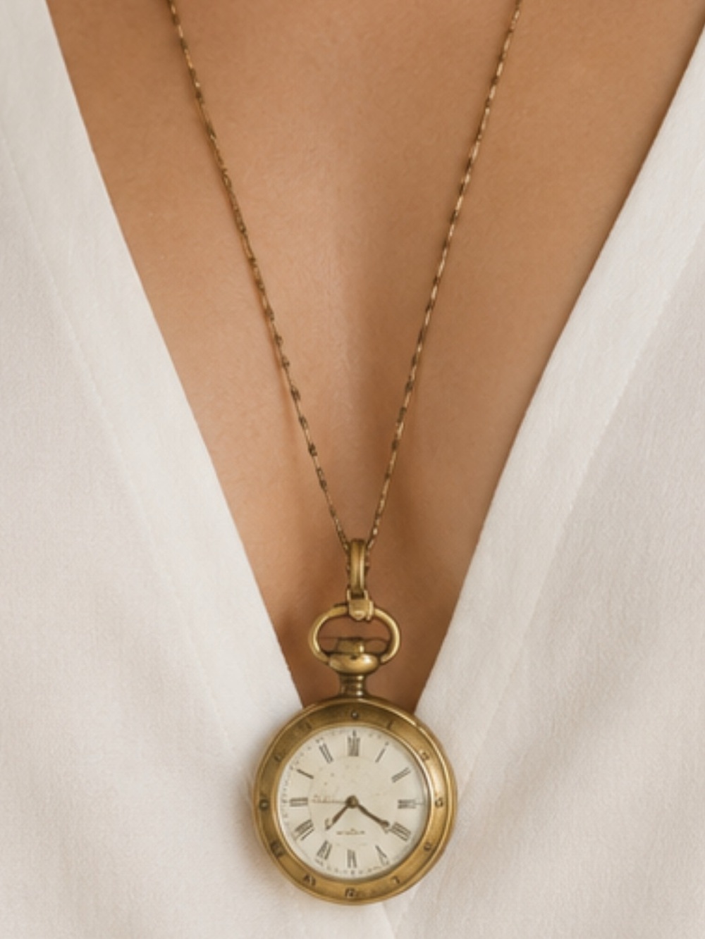 Vintage Style Pocket Watch Pendant Necklace in Brass Tone | Poet Core Whimsy